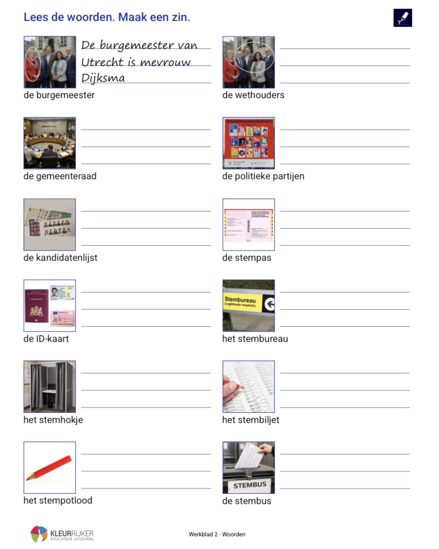 Werkblad met een woordenschatopdracht: zinnen maken bij woorden/plaatjes